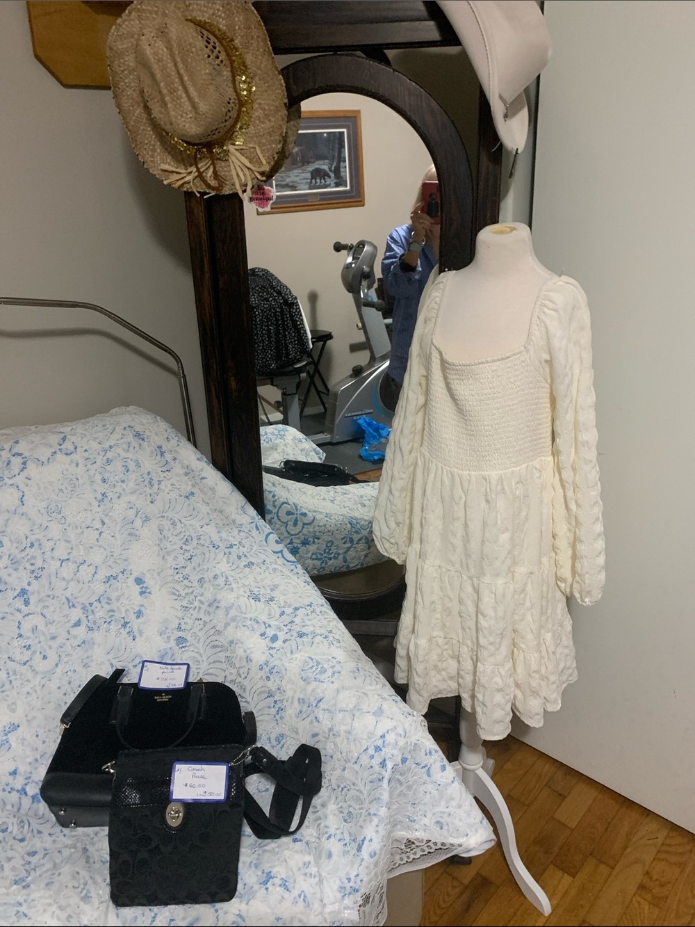 Coach  hand bags Cream Tiered Knit Dress with Smocked Bodice and 2 cowgirl hats.